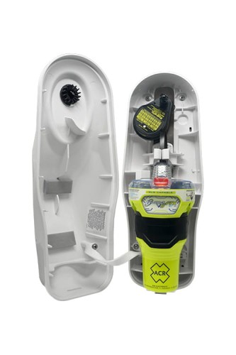 ACR GlobalFix V6 (RLB-43) EPIRB Cat. I — uchwyt Cat. I ze zwalniakiem hydrostatycznym (HRU), radiopława w podstawie, widok z przodu