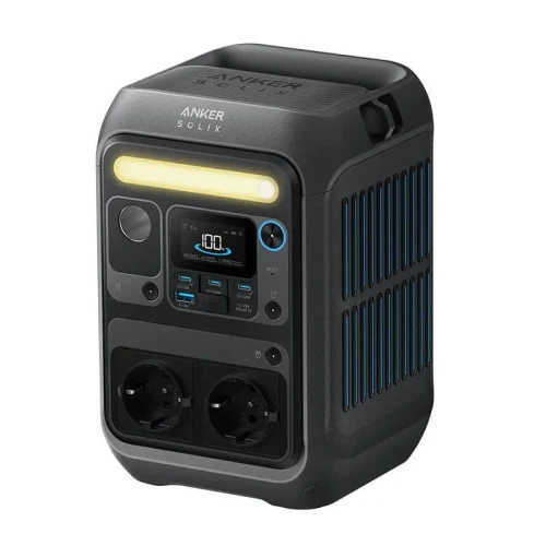 Anker SOLIX C300X AC 288Wh 300W – stacja zasilania 2×230V, ujęcie 3/4 z przodu z panelem i gniazdami Schuko