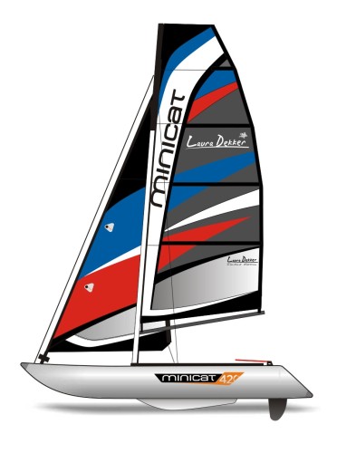 MiniCat 420 Laura Dekker – schemat ożaglowania (katamaran pompowany, edycja limitowana).