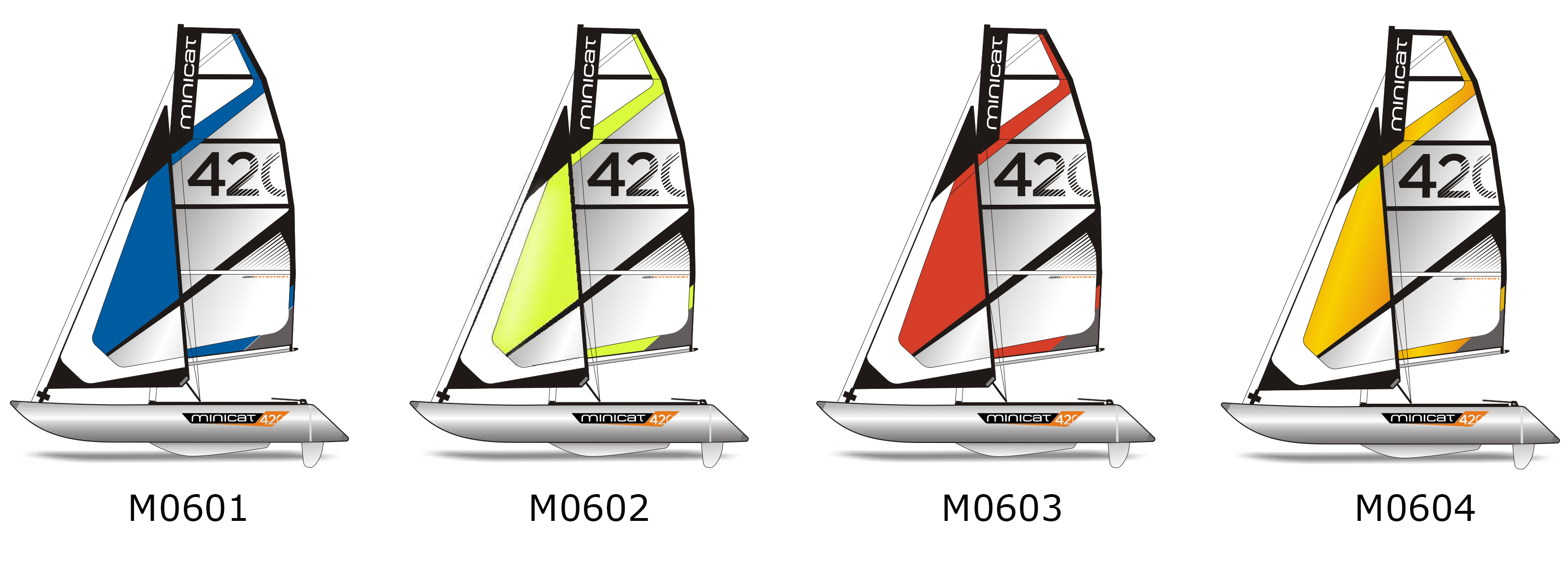 MiniCat 420 Emotion – paleta kolorów żagli: M0601 niebieski, M0602 zielony, M0603 czerwony, M0604 pomarańczowy