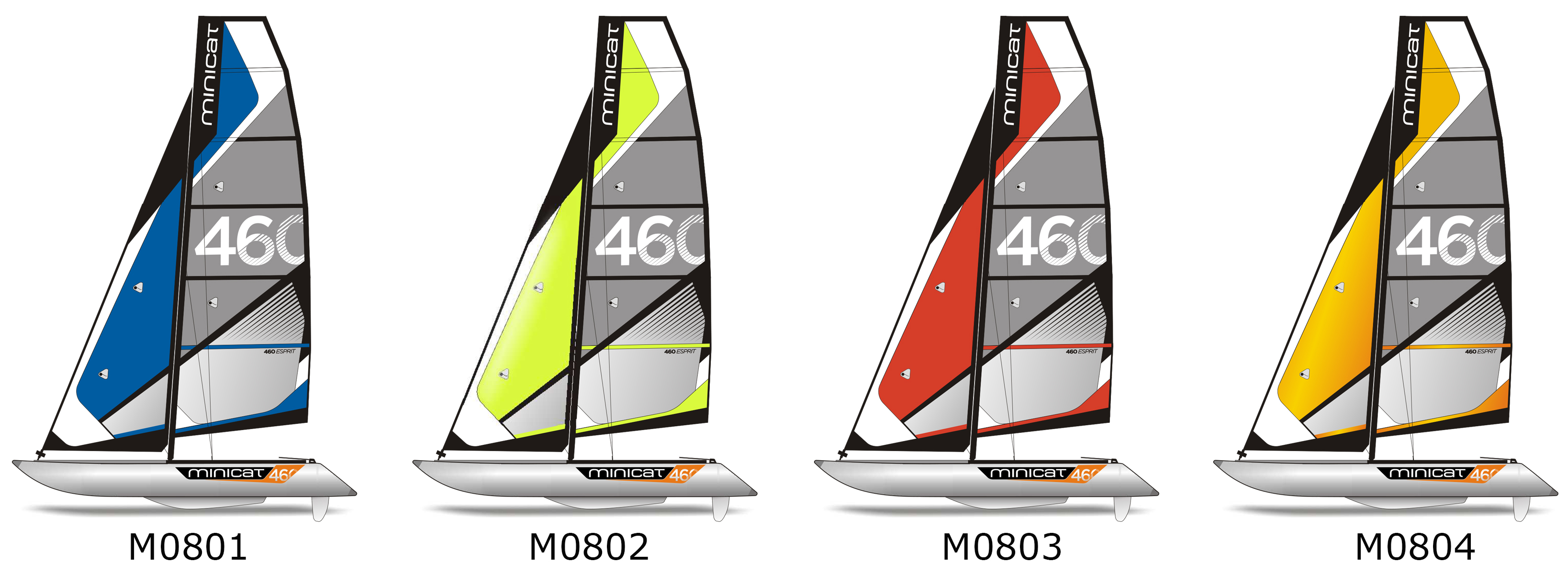 MiniCat 460 – paleta kolorów żagli: M0801 niebieski, M0802 żółty, M0803 czerwony, M0804 pomarańczowy