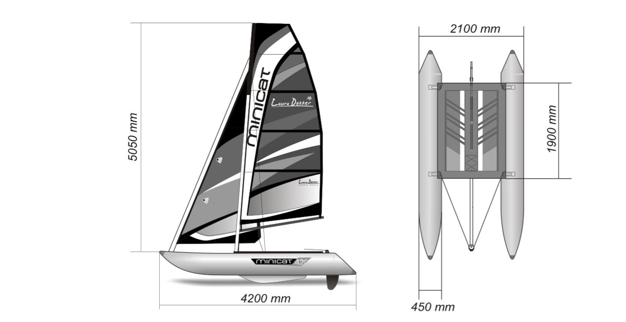 MiniCat 420 Laura Dekker – rysunek wymiarów: 420×210 cm, maszt 505 cm, trampolina 190×135 cm.