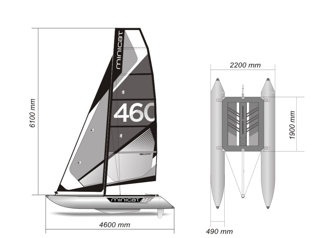 MiniCat 460 – rysunek wymiarów: 4600 × 2200 × 6100 mm; trampolina 1900 × 1450 mm