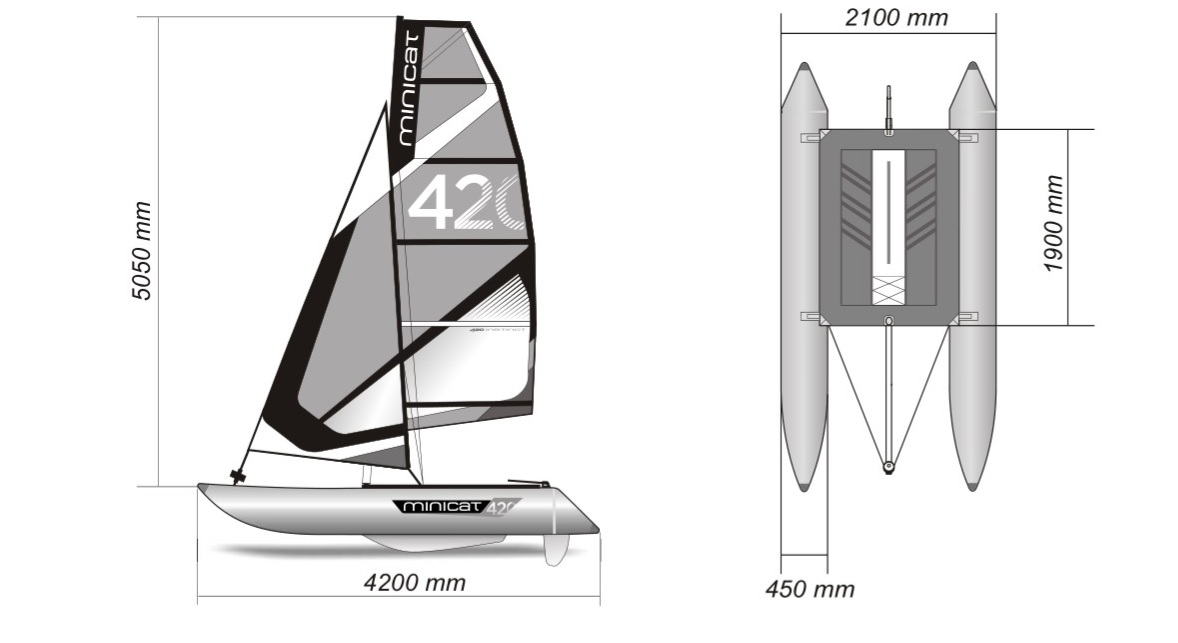 MiniCat 420 – rysunek wymiarów: 4200 × 2100 mm, maszt 5050 mm, trampolina 1900 × 1350 mm