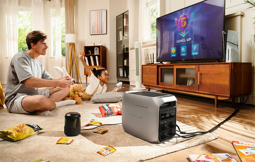 Stacja zasilania EcoFlow DELTA 3 w salonie – zasilanie TV i konsoli, mobilny generator elektryczny 230V w domu