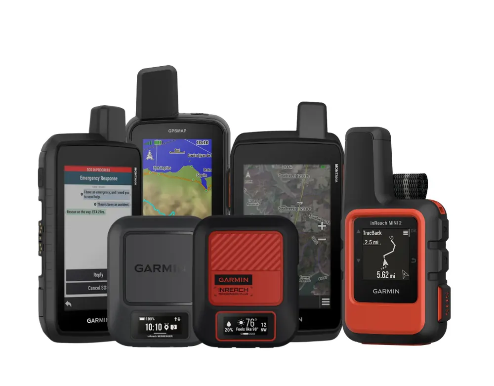 Urządzenia Garmin z systemem inReach – Montana, GPSMAP, inReach Messenger i inReach Mini 2 obok siebie